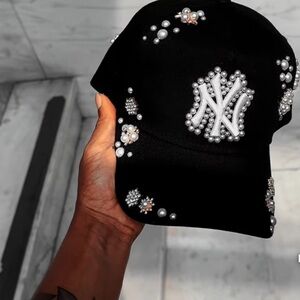 Embellished Black Cap with Pearls